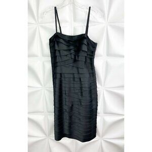 White House Black Market Sz 2 Black Tiered Shutter Satin Sheath Dress Stretch xs